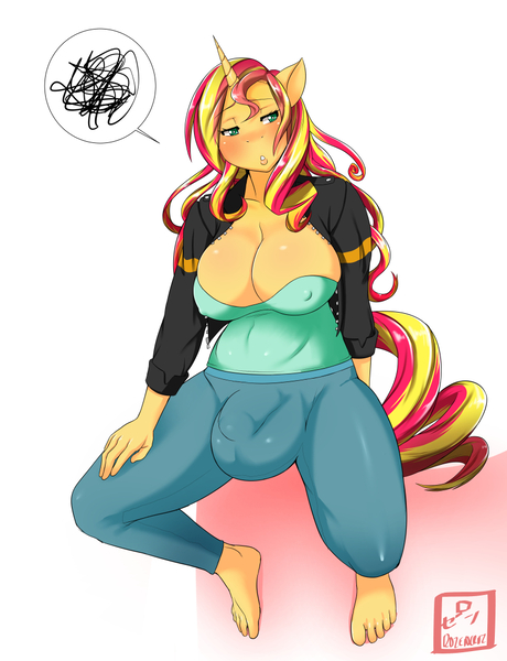 Size: 828x1081 | Tagged: anthro, artist:rirouku, barefoot, breasts, busty sunset shimmer, clothes, crotch bulge, derpibooru import, feet, flaccid, futa, futa sunset shimmer, intersex, pictogram, plantigrade anthro, questionable, solo, solo futa, sunset shimmer