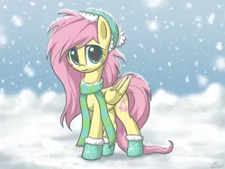 Size: 900x675 | Tagged: safe, artist:luminousdazzle, derpibooru import, fluttershy, pegasus, pony, clothes, cute, female, hat, hoof boots, mare, scarf, shyabetes, snow, snowfall, solo, weapons-grade cute, winter