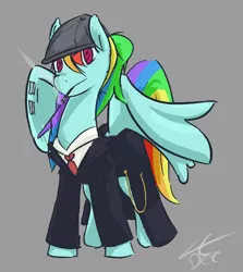 Size: 732x820 | Tagged: artist:liracrown, cigarette, clothes, derpibooru import, flat cap, fob watch, hat, necktie, newsboy hat, peaky blinders, peaky flyers, rainbow dash, razor blade, safe, simple background, sketch, smoking, solo, suit, trenchcoat
