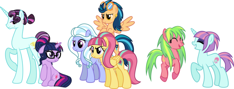 Size: 9033x3437 | Tagged: safe, artist:osipush, derpibooru import, indigo zap, lemon zest, principal abacus cinch, sci-twi, sour sweet, sugarcoat, sunny flare, twilight sparkle, ponified, pony, equestria girls, friendship games, equestria girls ponified, shadow five, simple background, transparent background, unicorn sci-twi, vector