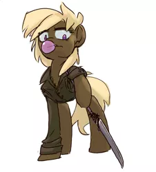 Size: 875x967 | Tagged: artist:inlucidreverie, bubblegum, clothes, derpibooru import, fallout equestria, fallout equestria: outlaw, food, gum, jacket, leather jacket, oc, oc:caltrop, raider, safe, solo, spear, unofficial characters only, weapon