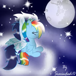 Size: 2327x2339 | Tagged: safe, artist:soarindash10, derpibooru import, rainbow dash, soarin', pony, the cutie re-mark, alternate timeline, apocalypse dash, cloud, crystal war timeline, female, hug, male, mare in the moon, moon, night, shipping, smiling, snuggling, soarindash, stars, straight