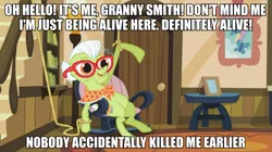 Size: 981x550 | Tagged: caption, dark comedy, derpibooru import, edit, edited screencap, family appreciation day, glasses, granny smith, image macro, meme, safe, screencap, seems legit, solo, suspiciously specific denial, weekend at bernie's