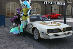 Size: 3000x2000 | Tagged: 3d, anthro, artist:tahublade7, boots, car, clothes, daz studio, derpibooru import, ferrari 458 italia, not sfm, plantigrade anthro, pontiac, pontiac firebird, princess celestia, safe, school uniform, twilight sparkle