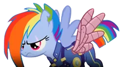 Size: 567x309 | Tagged: alternate timeline, amputee, apocalypse dash, artificial wings, augmented, cropped, crystal war timeline, derpibooru import, prosthetic limb, prosthetics, prosthetic wing, rainbow dash, safe, scar, screencap, solo, the cutie re-mark, wings