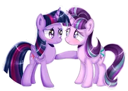 Size: 1786x1276 | Tagged: safe, artist:vixelzf, derpibooru import, starlight glimmer, twilight sparkle, twilight sparkle (alicorn), alicorn, pony, female, lesbian, mare, shipping, simple background, smiling, teacher and student, transparent background, twistarlight