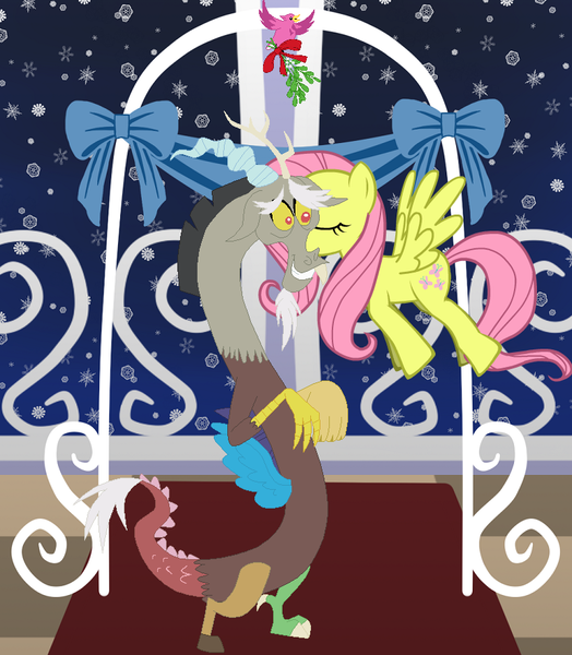 Size: 800x916 | Tagged: safe, artist:rogueheart101, derpibooru import, discord, fluttershy, blushing, discoshy, female, kissing, male, mistletoe, shipping, straight