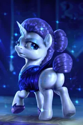 Size: 800x1200 | Tagged: safe, artist:assasinmonkey, derpibooru import, rarity, pony, unicorn, the cutie re-mark, alternate hairstyle, alternate timeline, clothes, female, frown, lidded eyes, looking back, mare, night maid rarity, night maid rearity, nightmare takeover timeline, plot, raised hoof, raised leg, rearity, serious, shiny, short tail, solo, sparkles, underhoof