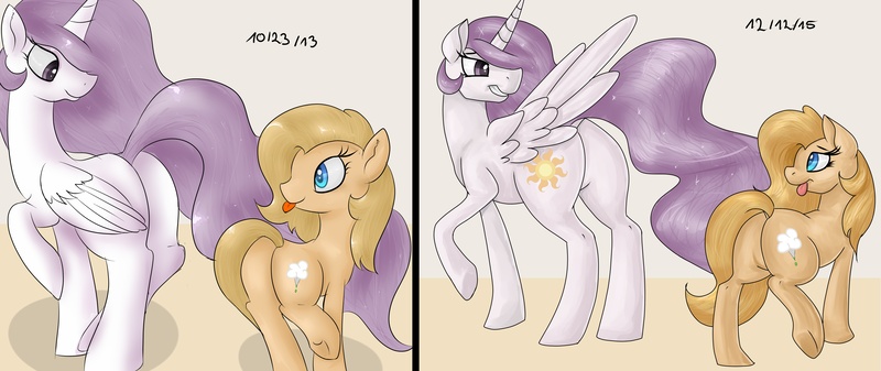 Size: 4750x2000 | Tagged: suggestive, artist:lisa400, derpibooru import, princess celestia, oc, oc:backy, princess molestia, bedroom eyes, comparison, draw this again, plot, plot pair, redraw, smiling, tongue out, underhoof