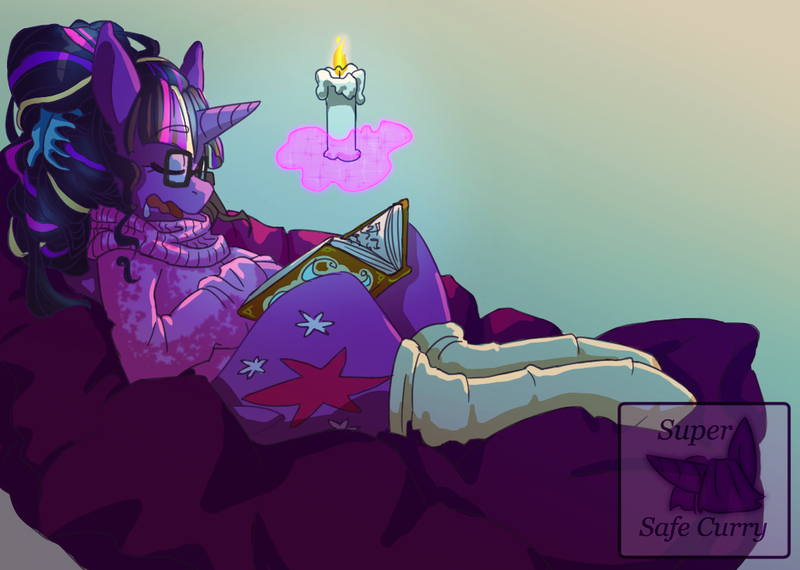 Size: 1136x810 | Tagged: safe, artist:pastel-pony-pictures, deleted from derpibooru, derpibooru import, twilight sparkle, unicorn, alternate hairstyle, book, candle, clothes, drool, glasses, levitation, magic, sleeping, socks, solo, sweater, telekinesis, this will not end well