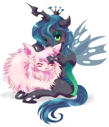 Size: 730x850 | Tagged: safe, artist:tsukuda, derpibooru import, queen chrysalis, oc, oc:fluffle puff, blushing, canon x oc, chrysipuff, cute, cutealis, eyes closed, female, hug, lesbian, pixiv, shipping, simple background, white background