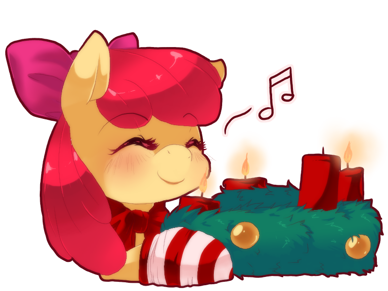 Size: 800x600 | Tagged: advent wreath, apple bloom, artist:loyaldis, candle, christmas, clothes, derpibooru import, eyes closed, music notes, safe, simple background, smiling, socks, solo, striped socks, transparent background, wreath