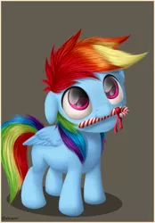 Size: 425x612 | Tagged: safe, artist:shiarr, derpibooru import, rainbow dash, candy, candy cane, cute, dashabetes, filly, filly rainbow dash, floppy ears, food, mouth hold, solo
