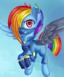 Size: 1500x1800 | Tagged: alternate timeline, amputee, apocalypse dash, artist:1nakir1, augmented, crystal war timeline, derpibooru import, prosthetic limb, prosthetics, prosthetic wing, rainbow dash, respirator, safe, scar, solo