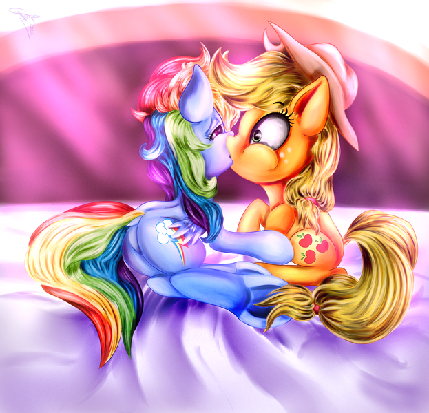 Size: 2700x2600 | Tagged: suggestive, artist:ferasor, derpibooru import, applejack, rainbow dash, appledash, female, kissing, lesbian, plot, shipping