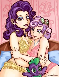 Size: 1525x1961 | Tagged: suggestive, artist:superkeen, derpibooru import, rarity, spike, sweetie belle, human, bed, boob squish, bra, breasts, busty rarity, busty sweetie belle, cleavage, clothes, doll, female, flower pattern underwear, hug, humanized, implied sparibelle, incest, lesbian, lingerie, lipstick, male, nail polish, older, panties, plump, raribelle, shipping, siblings, sisters, sparibelle, sparity, spikebelle, straight, toy, underwear