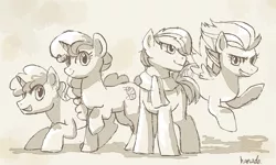 Size: 1157x694 | Tagged: artist:hanada, backwards cutie mark, clothes, crouching, derpibooru import, double diamond, equal four, grin, monochrome, night glider, party favor, raised hoof, safe, scarf, sugar belle