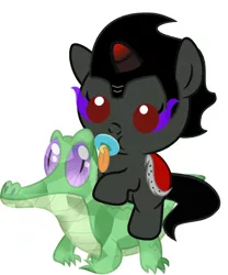 Size: 846x1017 | Tagged: safe, artist:red4567, derpibooru import, gummy, king sombra, pony, baby, baby pony, colt, colt sombra, crystallized, cute, male, pacifier, ponies riding gators, recolor, riding, sombradorable, weapons-grade cute
