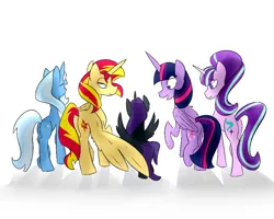 Size: 1000x800 | Tagged: safe, artist:moony-art, derpibooru import, starlight glimmer, sunset shimmer, trixie, twilight sparkle, twilight sparkle (alicorn), oc, oc:nyx, alicorn, pony, unicorn, alicorn oc, counterparts, eyes closed, lidded eyes, plot, race swap, raised hoof, raised leg, rear view, shimmercorn, simple background, smiling, twilight's counterparts, white background