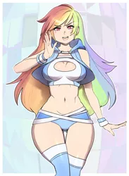 Size: 1462x2000 | Tagged: artist:maniacpaint, artist:oddmachine, belly button, boob window, breasts, busty rainbow dash, cleavage, derpibooru import, female, human, humanized, looking at you, open mouth, rainbow dash, solo, solo female, suggestive, underass, wide hips