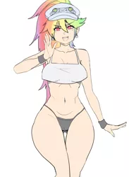 Size: 1462x2000 | Tagged: armpits, artist:maniacpaint, artist:oddmachine, belly button, breasts, busty rainbow dash, clothes, derpibooru import, female, human, humanized, looking at you, open mouth, panties, rainbow dash, simple background, solo, solo female, suggestive, tanktop, thong, underass, underwear, wristband