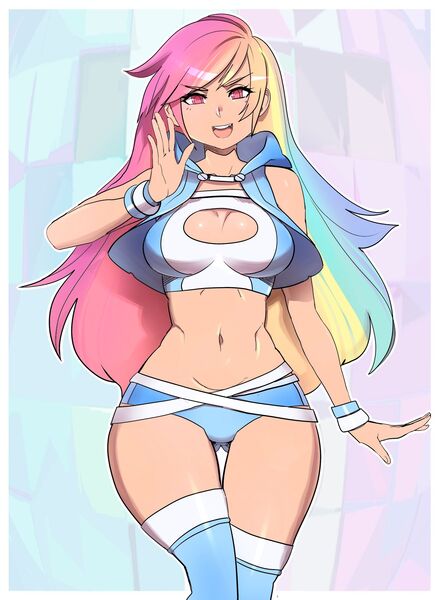 Size: 1462x2000 | Tagged: alternate hairstyle, artist:maniacpaint, artist:oddmachine, belly button, boob window, breasts, busty rainbow dash, cleavage, derpibooru import, female, human, humanized, looking at you, open mouth, rainbow dash, solo, solo female, suggestive, thigh gap, underass