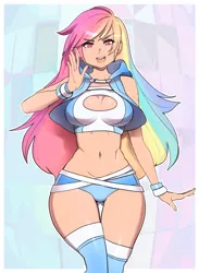 Size: 1462x2000 | Tagged: alternate hairstyle, artist:maniacpaint, artist:oddmachine, belly button, boob window, breasts, busty rainbow dash, cleavage, derpibooru import, female, human, humanized, looking at you, open mouth, rainbow dash, solo, solo female, suggestive, thigh gap, underass