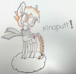 Size: 1999x1944 | Tagged: safe, artist:aer0 zer0, derpibooru import, oc, oc:firecracker, unofficial characters only, bat pony, pony, braided tail, chibi, clothes, cloud, foreign language, norwegian, scarf, solo