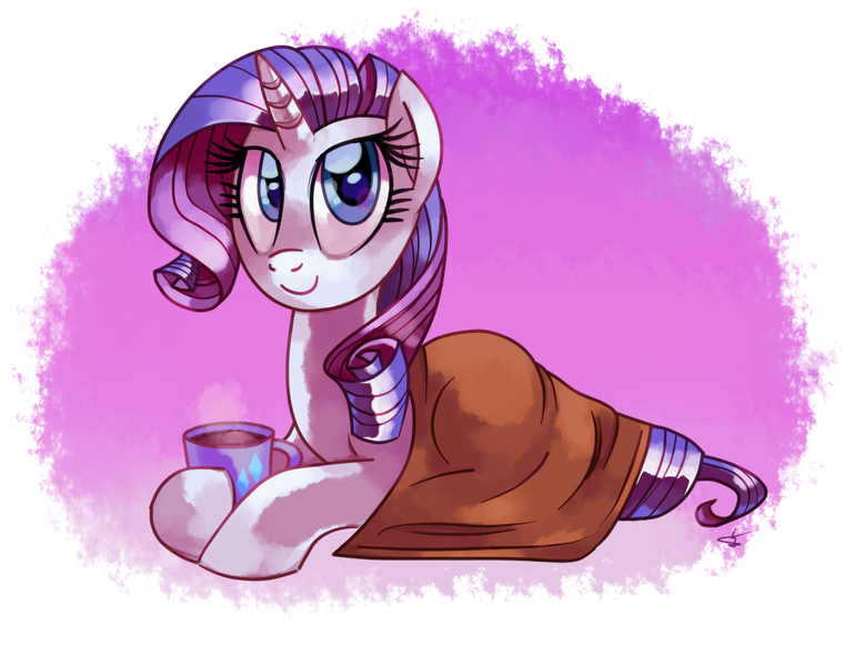 Size: 2000x1578 | Tagged: artist:lightof-dawn, blanket, coffee, derpibooru import, food, mug, prone, rarity, safe, solo, style emulation, whitediamonds-ish