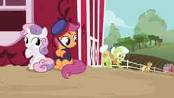 Size: 1366x768 | Tagged: applejack, bell hop, clothes, derpibooru import, family appreciation day, granny smith, safe, scootaloo, screencap, sweetie belle