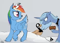 Size: 1280x905 | Tagged: safe, artist:silfoe, derpibooru import, princess luna, rainbow dash, canada goose, deer, goose, pony, reindeer, royal sketchbook, spoiler:comic, spoiler:comicholiday2015, :p, angry, animal, cloven hooves, deerified, frown, fruitcake, glare, gritted teeth, hoof hold, horns, raised hoof, reindeer dash, reindeerified, s1 luna, smiling, species swap, tongue out