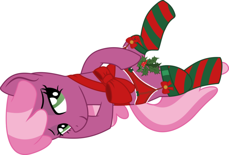Size: 900x611 | Tagged: artist:princeofrage, bedroom eyes, bow, cheerilee, christmas, clothes, derpibooru import, female, garter belt, holly, holly mistaken for mistletoe, inviting, jingle bells, lingerie, mistletoe abuse, on back, present, ribbon, show accurate, simple background, solo, solo female, stockings, stripes, suggestive, transparent background, vector
