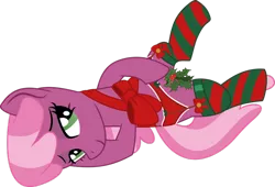 Size: 900x611 | Tagged: suggestive, artist:princeofrage, derpibooru import, cheerilee, bedroom eyes, bow, christmas, clothes, female, garter belt, holly, holly mistaken for mistletoe, inviting, jingle bells, lingerie, mistletoe abuse, on back, present, ribbon, show accurate, simple background, solo, solo female, stockings, stripes, transparent background, vector