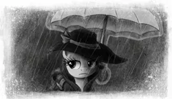 Size: 800x463 | Tagged: artist:hewison, black and white, derpibooru import, detective rarity, grayscale, noir, overcoat, rain, rarity, safe, solo, umbrella