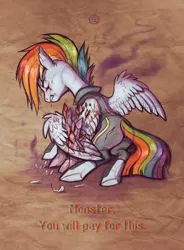 Size: 2250x3056 | Tagged: alternate timeline, apocalypse dash, artist:stasysolitude, blood, crystal, crystal war timeline, dark crystal, derpibooru import, eyes closed, grimdark, gritted teeth, injured, rainbow dash, sad, solo, the cutie re-mark