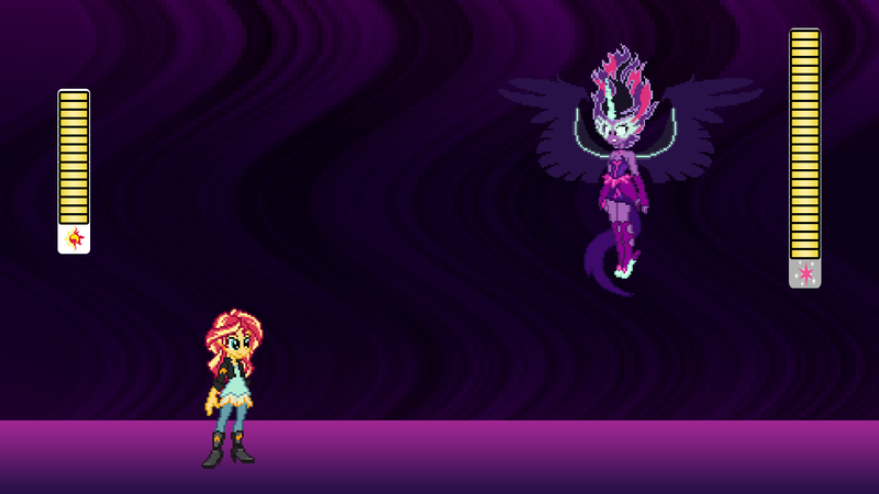 Size: 1920x1080 | Tagged: safe, artist:blackgryph0n, artist:botchan-mlp, artist:dashiemlpfim, artist:millennial dan, derpibooru import, sunset shimmer, twilight sparkle, equestria girls, friendship games, crossover, desktop ponies, megaman, megaman x, midnight sparkle, pixel art, sprite, vector, wallpaper