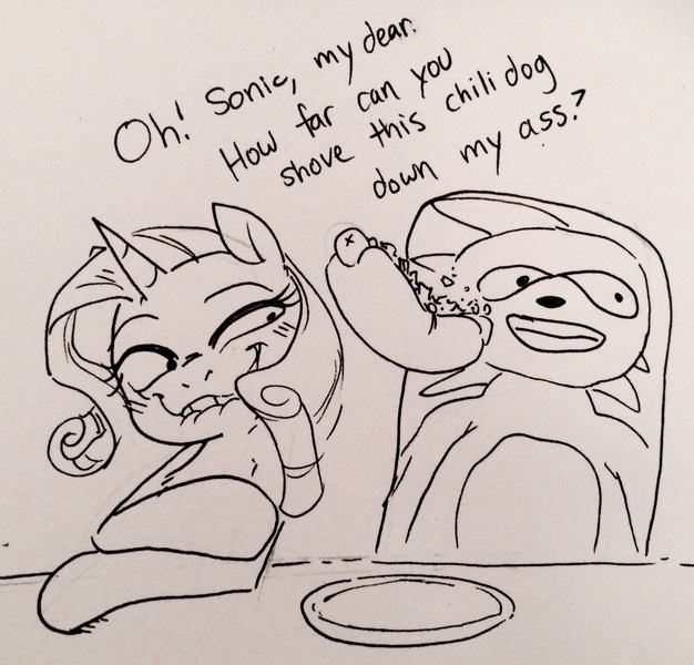 Size: 2475x2372 | Tagged: artist:glacierclear, body pillow, chili dog, chilli, derpibooru import, dialogue, food, hot dog, lip bite, meat, monochrome, professional contacts, questionable, rarity, sanic, sausage, sonic the hedgehog, sonic the hedgehog (series), source needed, traditional art, wat