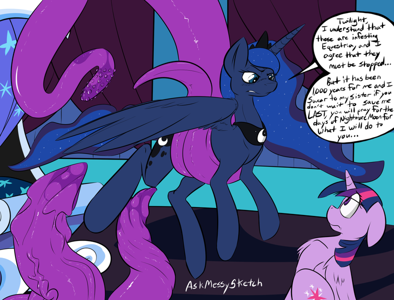 Size: 1280x974 | Tagged: questionable, artist:messysketch, derpibooru import, princess luna, twilight sparkle, twilight sparkle (alicorn), alicorn, pony, annoyed, blushing, consentacles, eye clipping through hair, eye contact, female, floppy ears, fluffy, frown, funny porn, glare, i've seen enough hentai to know where this is going, imminent sex, lube, mare, sitting, slime, speech bubble, spread wings, suspended, tentacles, wavy mouth, wide eyes