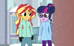 Size: 1200x750 | Tagged: safe, artist:bootsyslickmane, derpibooru import, sci-twi, sunset shimmer, twilight sparkle, fanfic:the shadowbolts adventures, equestria girls, friendship games, alternate costumes, city, clothes, coat, fanfic art, glasses, gloves, looking at each other, smiling, snow, snowfall