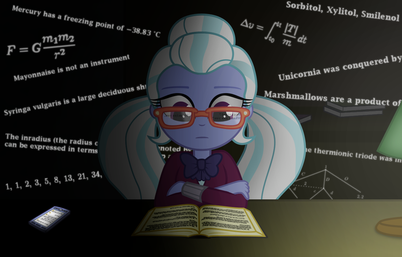 Size: 1200x767 | Tagged: safe, artist:bootsyslickmane, derpibooru import, sugarcoat, fanfic:the shadowbolts adventures, equestria girls, friendship games, band geeks, book, bowtie, calculus, clothes, crossed arms, crystal prep academy uniform, equation, fancy mathematics, fanfic art, fibonacci sequence, glasses, gravity, history, integral, lamp, math, phone, physics, reading, reference, school uniform, science, spongebob squarepants, studying