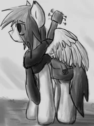 Size: 453x610 | Tagged: safe, artist:candel, derpibooru import, oc, oc:candlelight, unofficial characters only, pony, black and white, clothes, grayscale, guitar, saddle bag, scarf, solo