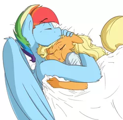 Size: 1230x1206 | Tagged: safe, artist:nolycs, derpibooru import, applejack, rainbow dash, anthro, appleblitz (straight), appledash, bed, blanket, blitzabetes, cuddling, cute, eyes closed, female, floppy ears, half r63 shipping, hug, male, messy mane, rainbow blitz, rule 63, rule63betes, shipping, sleeping, snuggling, squishy cheeks, straight