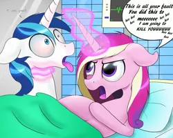 Size: 1024x819 | Tagged: safe, artist:arcuswind, derpibooru import, princess cadance, shining armor, alicorn, pony, unicorn, abuse, angry, betrayal, birth, birthing, choking, contractions, death threat, epidural, female, heavy breathing, implied flurry heart, implied sex, labor, magic aura, male, mare, not laughing, pillow, pregnant, princess bitchdance, shiningabuse, stallion, strangling, tongue out, why you little, you did this to me