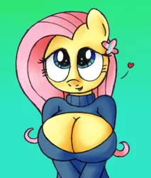 Size: 1700x2000 | Tagged: anthro, artist:an-tonio, artist:princess-katie, big breasts, boob window, breasts, busty fluttershy, cleavage, clothes, derpibooru import, female, fluttershy, keyhole turtleneck, open-chest sweater, solo, solo female, suggestive, sweater, sweatershy, turtleneck