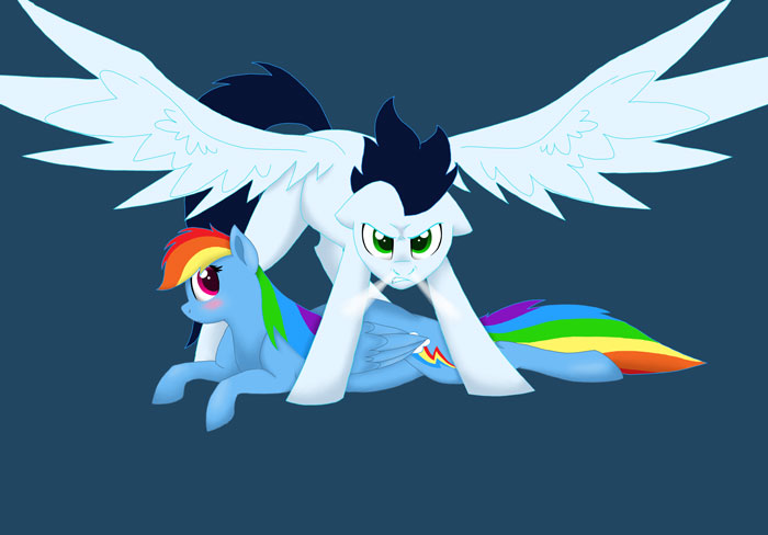 Size: 700x488 | Tagged: safe, artist:colourstrike, derpibooru import, rainbow dash, soarin', pegasus, pony, backwards cutie mark, female, male, pregnant, protecting, shipping, soarindash, straight