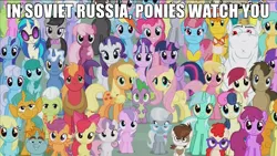 Size: 1280x720 | Tagged: safe, derpibooru import, edit, edited screencap, screencap, aloe, amethyst star, apple bloom, applejack, berry punch, berryshine, big macintosh, bon bon, bulk biceps, carrot cake, carrot top, cheerilee, cloudchaser, cup cake, daisy, derpy hooves, diamond tiara, doctor whooves, flitter, flower wishes, fluttershy, golden harvest, granny smith, lemon hearts, lily, lily valley, linky, lyra heartstrings, minuette, octavia melody, pinkie pie, pipsqueak, pokey pierce, pound cake, pumpkin cake, rainbow dash, rarity, roseluck, scootaloo, sea swirl, seafoam, shoeshine, silver spoon, snails, snips, spike, spring melody, sprinkle medley, starlight glimmer, sunshower raindrops, sweetie drops, thunderlane, time turner, twilight sparkle, twilight sparkle (alicorn), twinkleshine, twist, vinyl scratch, alicorn, pony, unicorn, the cutie re-mark, caption, colt, everypony at s5's finale, female, friends are always there for you, image macro, impact font, in soviet russia, male, mare, meme
