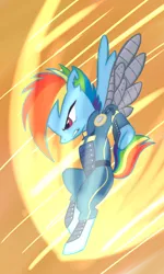 Size: 900x1500 | Tagged: action pose, alternate timeline, amputee, apocalypse dash, artist:vistamage, augmented, crystal war timeline, derpibooru import, prosthetic limb, prosthetics, prosthetic wing, rainbow dash, safe, solo, the cutie re-mark