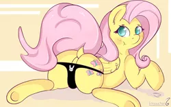 Size: 1024x640 | Tagged: artist:enryuuchan, black underwear, blushing, bunny print underwear, clothes, cute, derpibooru import, dock, female, fluttershy, nudity, panties, plot, solo, solo female, suggestive, underhoof, underwear