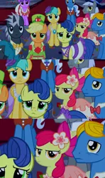 Size: 720x1215 | Tagged: safe, derpibooru import, screencap, apple bloom, applejack, caesar, dark moon, graphite, masquerade, north star, perfect pace, perry pierce, pokey pierce, sunshower raindrops, pony, unicorn, make new friends but keep discord, apple bloom is not amused, clothes, crowd, dress, group, tenso, unamused