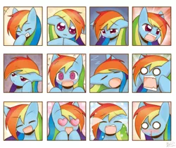 Size: 1785x1500 | Tagged: safe, artist:howxu, derpibooru import, rainbow dash, pony, :3, :d, :o, angry, blood, blushing, bored, crying, cute, dashabetes, embarrassed, expressions, eyes closed, eyes on the prize, female, floppy ears, frown, glare, grin, happy, heart eyes, looking at you, mare, nosebleed, ocular gushers, open mouth, sad, screaming, shocked, sleeping, smiling, solo, wide eyes, wingding eyes, yelling, zzz